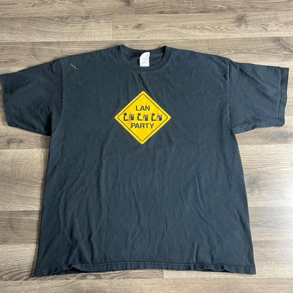 VTG Lan Party T‎ Shirt Mens 2XL XXL Warning Sign PC Gamers Computer 2000s Y2K